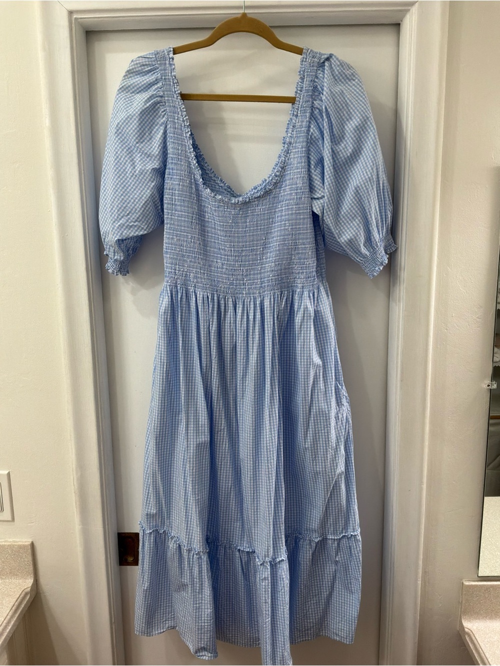Hill House Powder Blue Gingham Puff-Sleeve Midi Dress